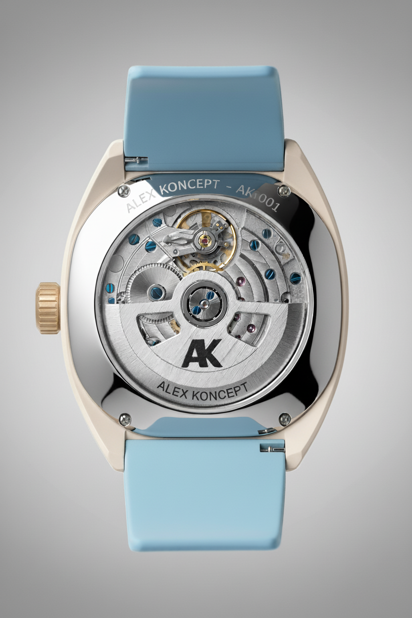 Vue arrière de la montre AK 001 avec un fond transparent révélant le mouvement automatique.