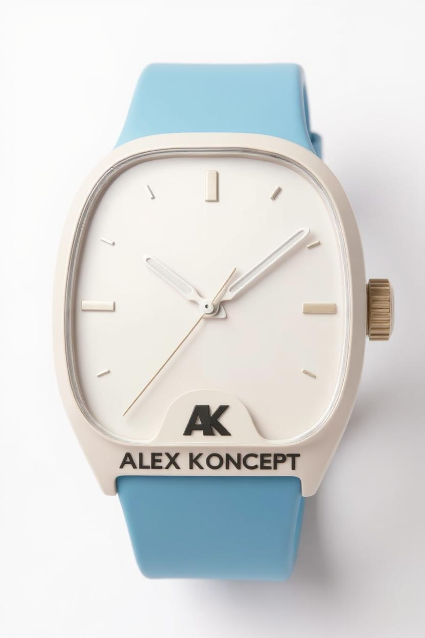 Vue de dessus de la montre AK 001, affichant le cadran blanc minimaliste et le logo AK en relief.