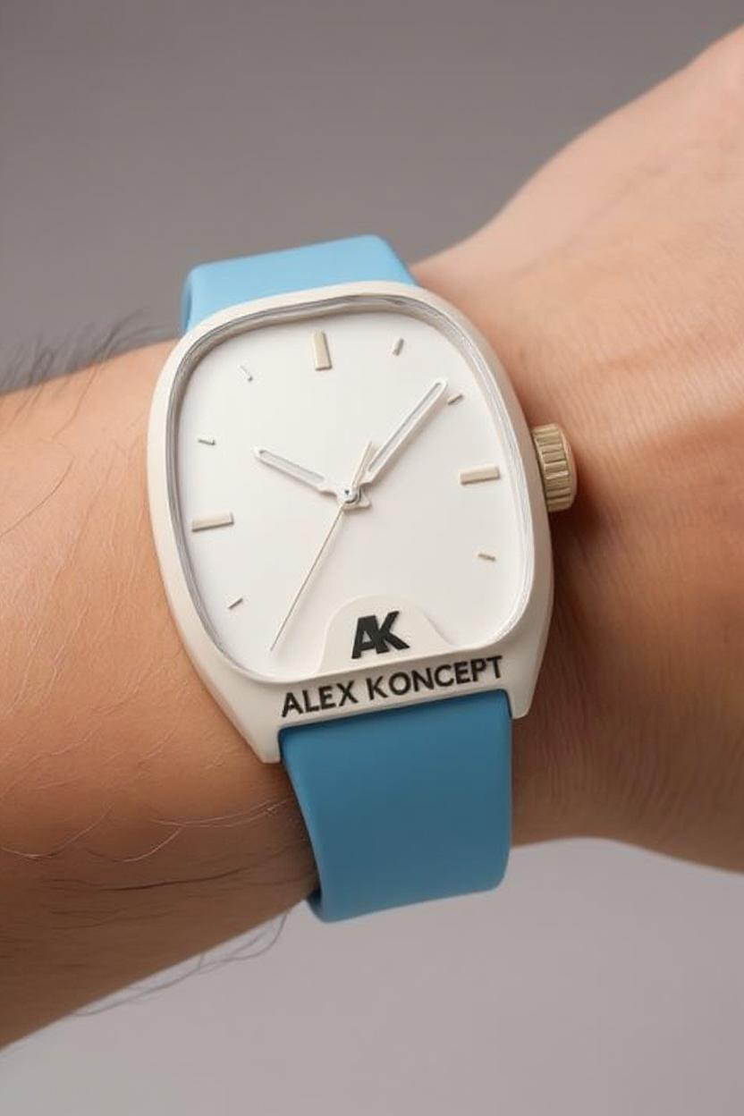 Montre AK 001 portée au poignet, mettant en valeur son design et son bracelet bleu.